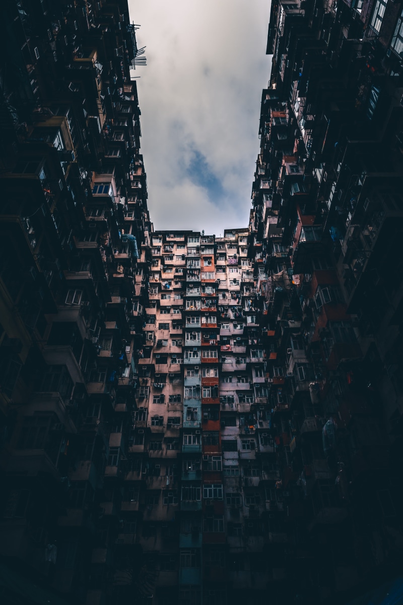 concrete, office building, outdoors, apartment, window, urban, skylight, abundance, hong kong, overcast, building exterior, high rise, metropolis, skyscraper