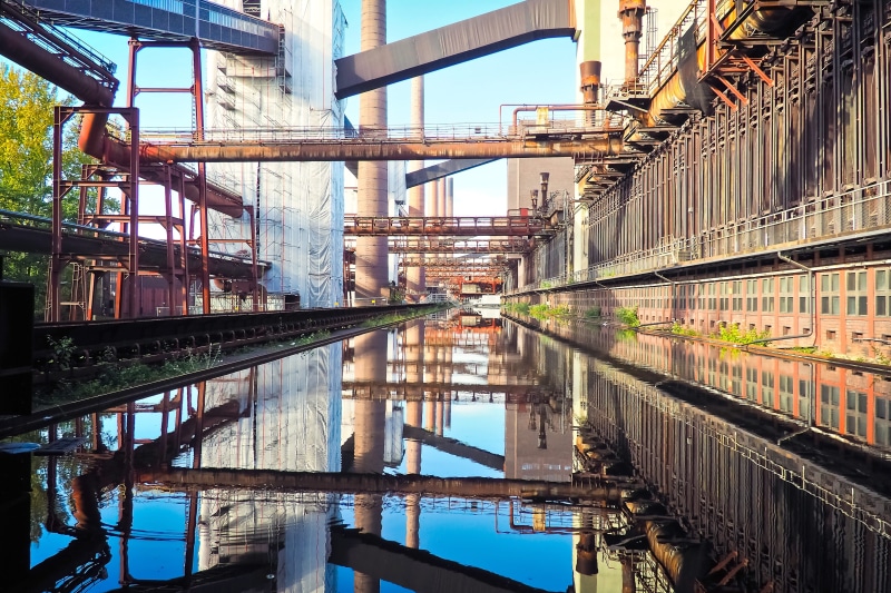 world heritage, no people, heavy industry, reflection, north rhine westphalia, conveyor belts, architectural, stainless, bill, nature, 4K, bridge, water