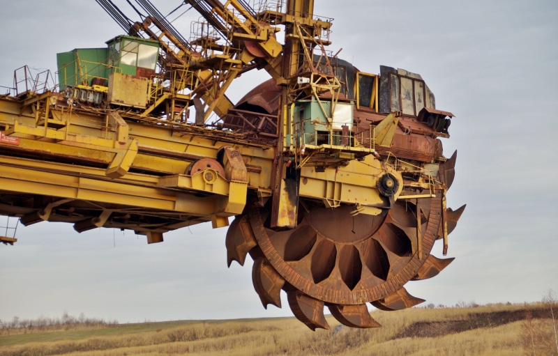 transportation, mining, rural scene, quarry, land, environment, extraction, field, sky, burned, industry, industrial equipment, machine, no people, bucket