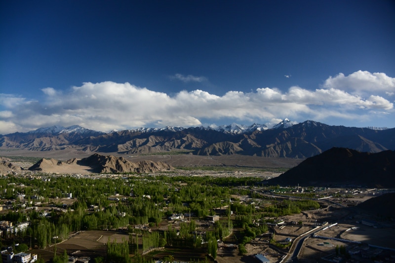 landscape, lake, 5K, beauty in nature, trees, himalaya, environment, leh, mountains, tranquility, tranquil scene, day, building, water, ladakh, outdoors