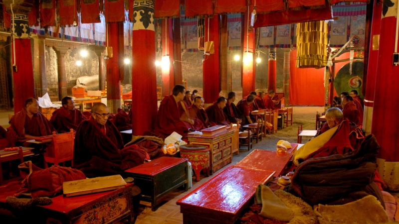 monk, talking, gyantse, real people, temple - Building, buddha, group of people, place of worship, monastery, monk - Religious Occupation, praying, ceremony