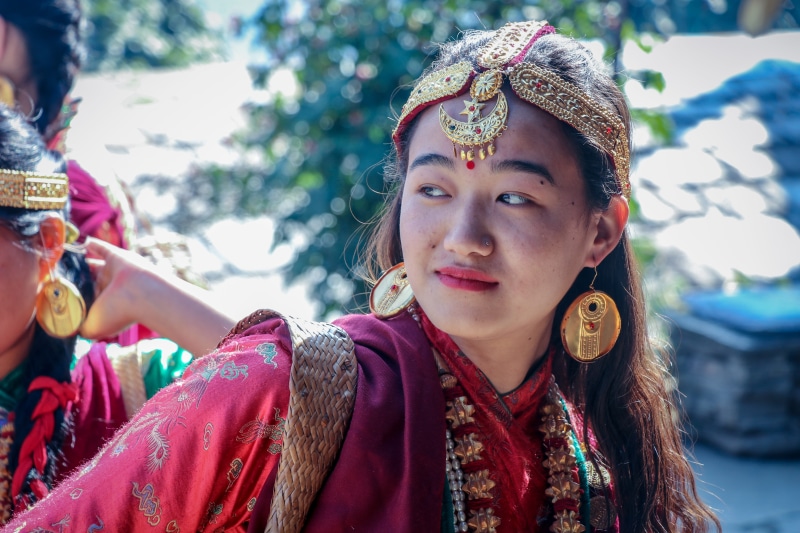day, outdoors, lifestyles, scarf, nepal, looking at camera, traditional clothing, young adult, focus on foreground, one person, ghandruk, females, women