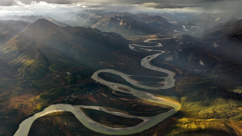 winding road, nature, high angle view, land, island, mountains, outdoors, sun rays, landscape, non-urban scene, road, river, tranquility, 1080P, mountain
