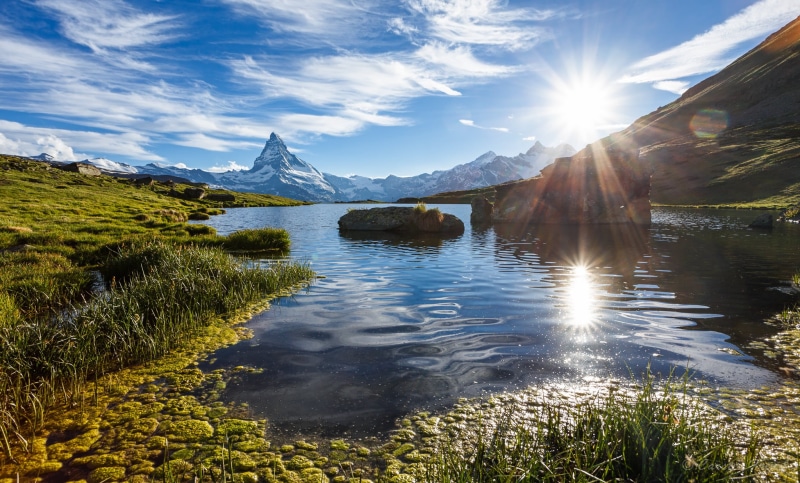outdoors, grass, magic, globetrotter, travel, Matterhorn, nature, neige, schnee, field, Bergsee, green grass, Lake, sky, reflection, mountains, 1080P
