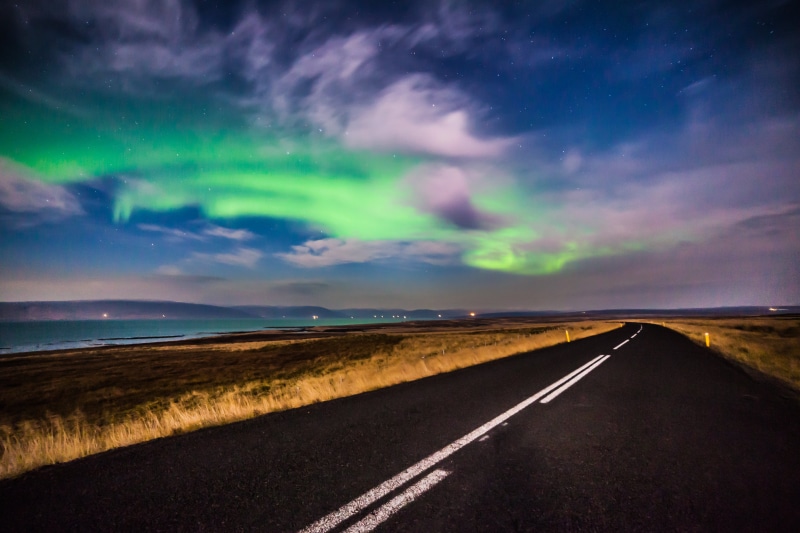 peninsula, travel, concrete road, islandia, snaefellsnes, outdoors, Night, cloud - Sky, sky, highway, 4K, road, sunset, lights, landscape, nature, asphalt