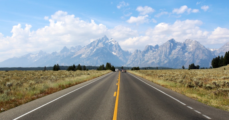 Yellowstone, Paths, Wyoming, landscape, leading, mountains, mountain, clouds, asphalt, Oh la la, travel, nature, road, outdoors, 4K, cumulus clouds, Grand Tetons