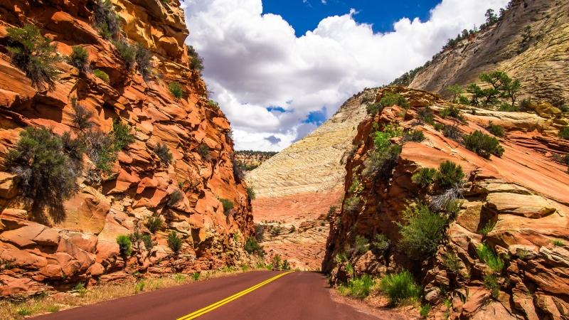 yellow, landscape, road, mountain, daytime, triangle, utah, top road, american  west, nature, rock, Cake, top, rock - Object, black top, sky, western  desert