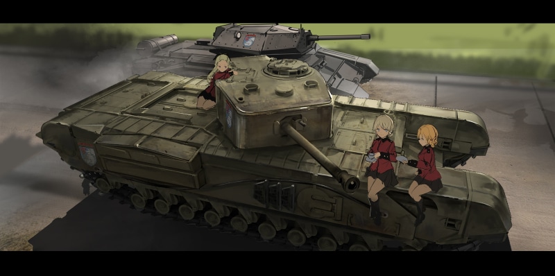 anime, blue eyes, 2K, army, day, weapon, Churchill Mk.VII, armed forces, technology, Cruiser Mk.VI, anime girls, Assam (Girls und Panzer), outdoors, war