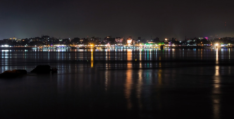 built structure, sky, india, night, waterfront, water, reflection, guwahati, town, dark, buildings, 1080P, nature, travel destinations, illuminated, lighting equipment