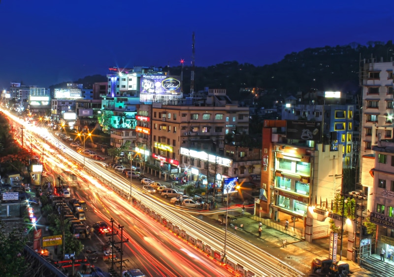India, Night, Guwahati, city life, nighttime, illuminated, cars, Assam, no people, city street, light trail, traffic, rail transportation, outside, long exposure