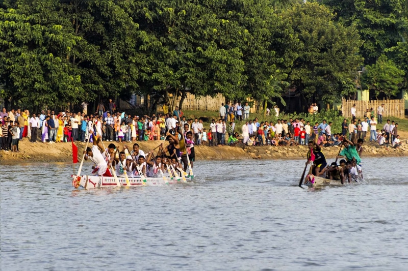 tree, plant, waterfront, leisure activity, lifestyles, enjoyment, transportation, real people, day, 2K, india, men, rowing boat, assam, women, sport, group of people