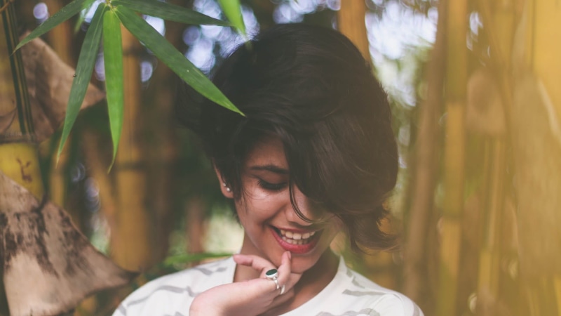 looking, hair, grey, Beautiful, focus on foreground, hairstyle, young women, black hair, front view, light, happiness, plant, 1080P, white, Assamese, smiling