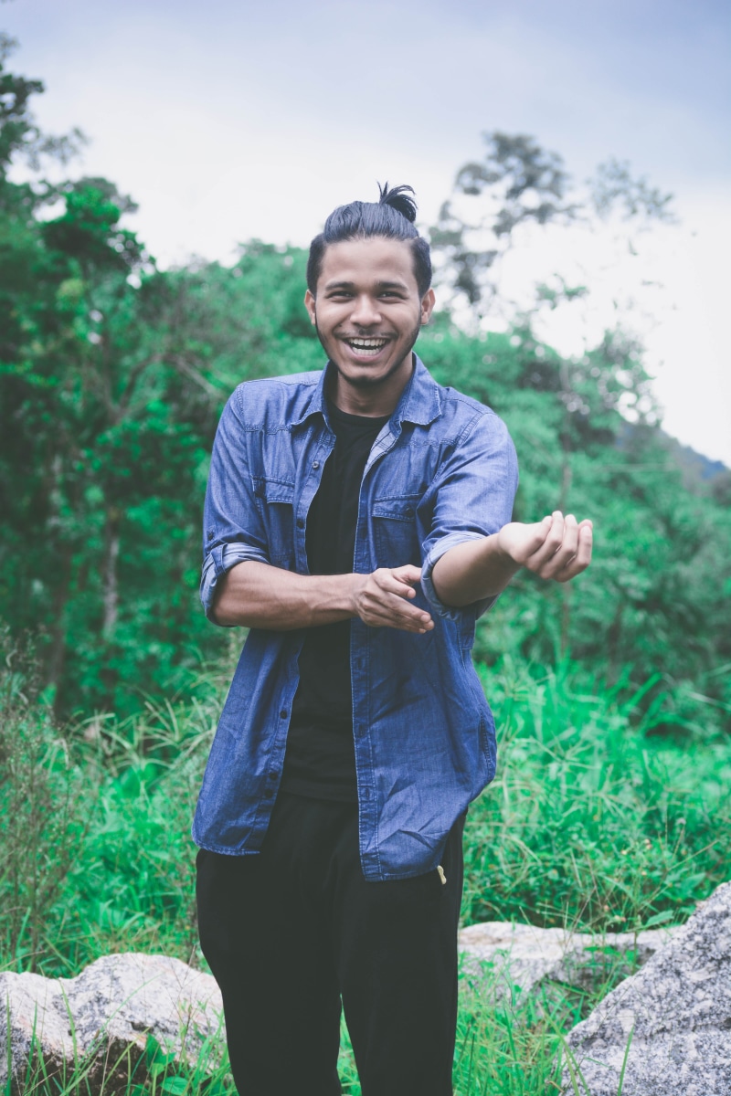 shillong, casual clothing, lightleaks, young men, day, looking at camera, meghalaya, nature, tree, front view, mid adult, Assamese, photoshoot, blue, adult