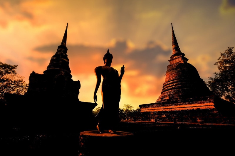 monks, architecture, spirituality, art and craft, 720P, sculpture, outdoors, sunset, Buddha, building, sky, Thailand, stupa, belief, ancient civilization