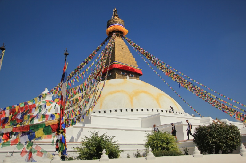 architecture, blue, built structure, tourism, travel destinations, 5K, religion, spirituality, building, sky, place of worship, no people, tree, boudhanath