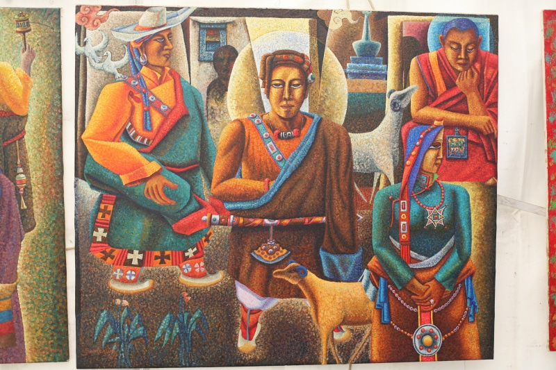 painted image, buddhist, ancient, text, outdoors, representation, tibetan monks, serenity, worship, creativity, multi colored, spiritual, belief, craft