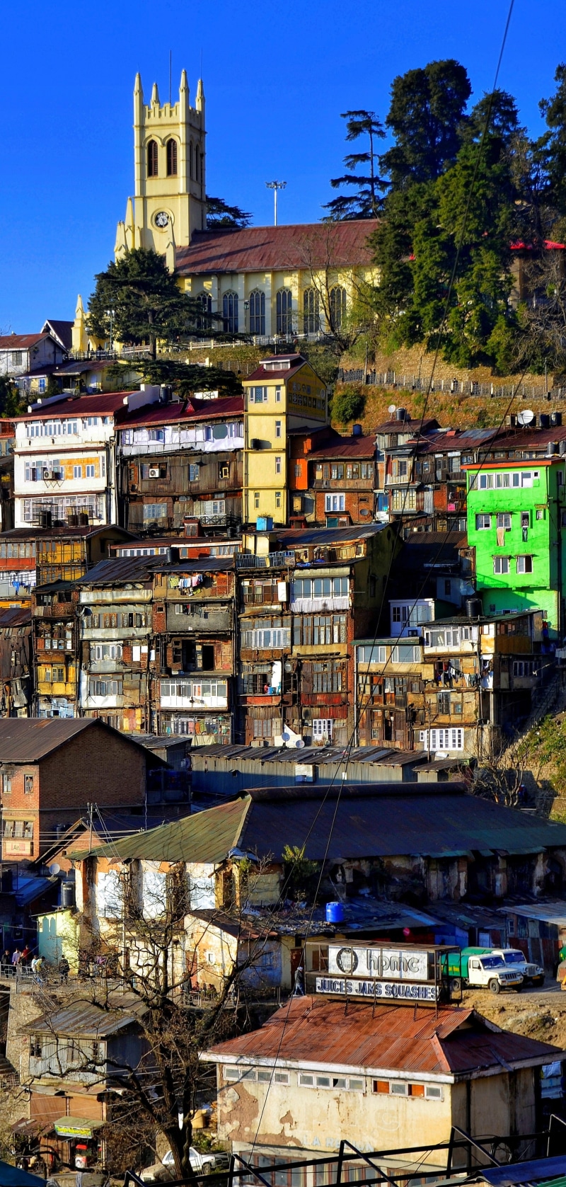 building, church, apartment, no people, tree, day, travel, architecture, 4K, built structure, residential district, community, town, sky, plant, shimla