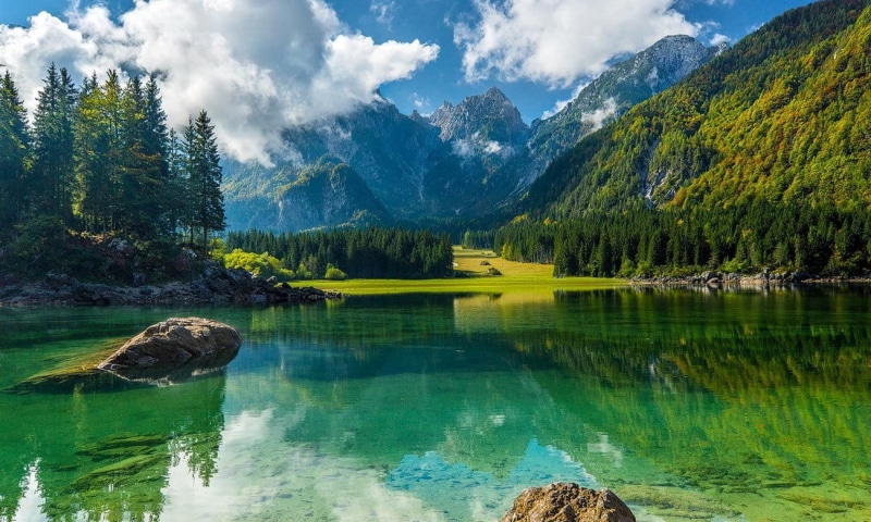 non-urban scene, landscape, no people, tranquility, trees, tree, waterfront, cloud - sky, 720P, nature, clouds, forest, spring, tranquil scene, plant