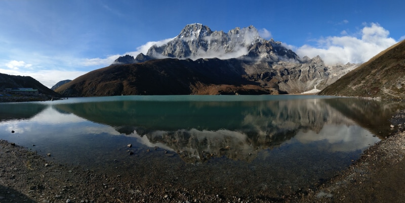 mountain peak, reflection, 4K, cold temperature, nepal, nature, environment, landscape, snow, beauty in nature, mountain range, gokyo, mountain, sky, outdoors
