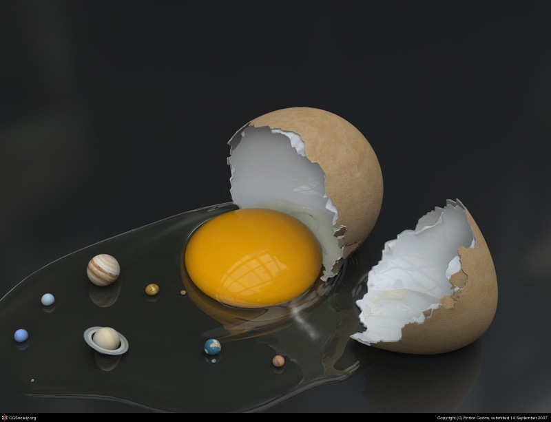 3D, boiled egg, close-up, wellbeing, space, healthy eating, humor, breakfast, broken, Solar System, black background, temptation, 720P, no people, freshness