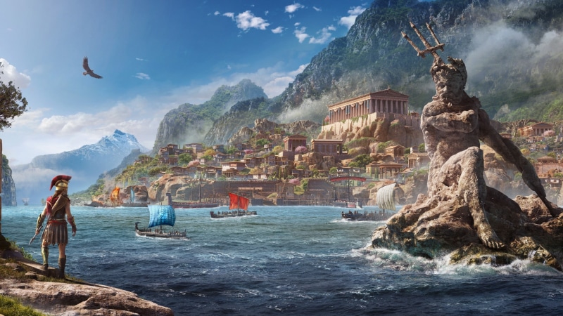 cloud - sky, travel destinations, rock formation, architecture, beauty in nature, nature, beach, motion, ship, land, mountain, poseidon, rock, assassins creed