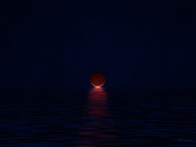 sea, 1080P, eclipse, red, sphere, astronomy, beauty in nature, dark, space, mystery, night, pixel art, sky, tranquility, water, outdoors, Vladstudio, moonlight