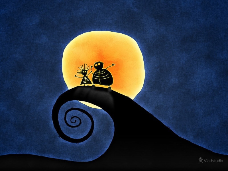 representation, Vladstudio, bird, mid-air, nature, blue, animal wildlife, 480P, yellow, one person, sky, shape, outdoors, circle, artwork, The Nightmare Before Christmas