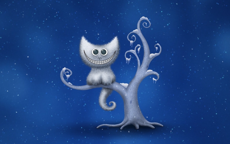 snow, 1080P, trees, digital art, Vladstudio, minimalism, blue background, Cheshire Cat