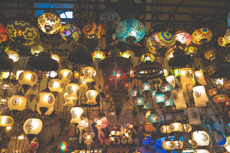 multi colored, indoors, collection, electric lamp, ceiling, no people, retail display, decoration, arrangement, lamps, lighting equipment, pendant, hanging