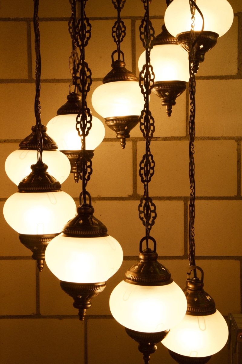 electric light, lamp shade, indoors, electric Lamp, lantern, elegance, oriental, decoration, decor, focus on foreground, design, ornate, light bulb, ceiling