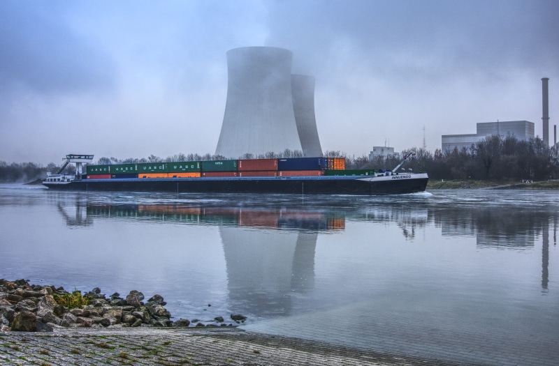 cityscape, radioactive, cooling towers, fog, rhine, sea, ship, high voltage, nuclear power, atomic energy, cloud - sky, haze, smog, loaded, water, nuclear