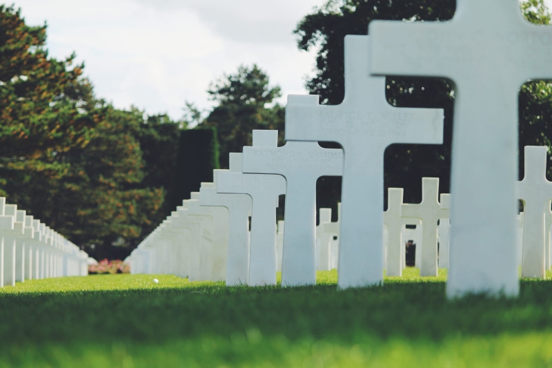sky, memorial, growth, grave, cross, building, green color, line, surrounded, cemetry, field, outdoors, tree, shallow, gravestones, nature, 4K, american