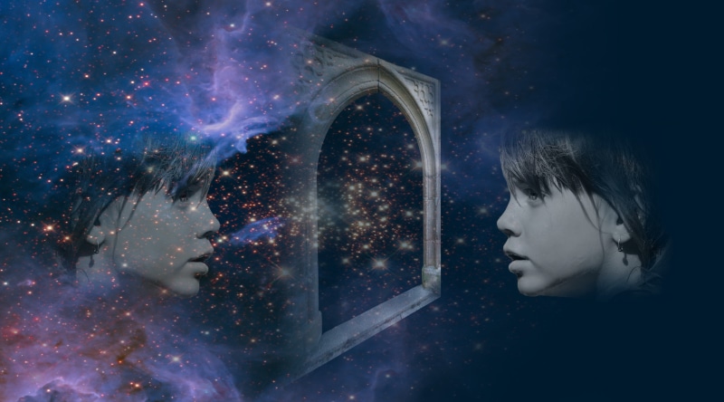 world universe, science, offspring, starry sky, reflection, illusion, sky, abstract, window to the soul, twin soul, gaia, star, sice fiction, galaxy, himmelstor