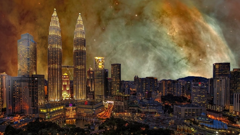 big city, creation, skyline, night sky, top, celestial body, hubble weltraumteleskop, infinity, urban skyline, skyscraper, city panorama, galaxy, metropolis