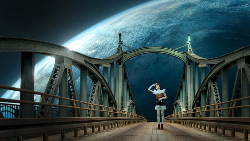 planet, utopia, distant, nature, clothing, connection, wide, railing, all, human, motion, bridge, fantasy, cosmos, ball, composing, architecture, photo montage