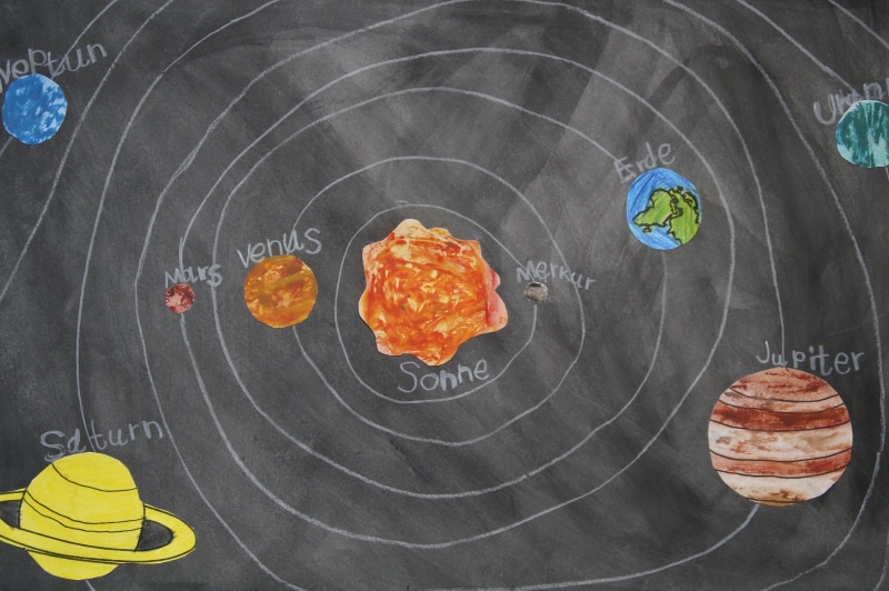 no people, sun, fashion, orange color, board, planetary system, drawing - art product, school theme, close-up, earth, venus, indoors, chalk - art equipment