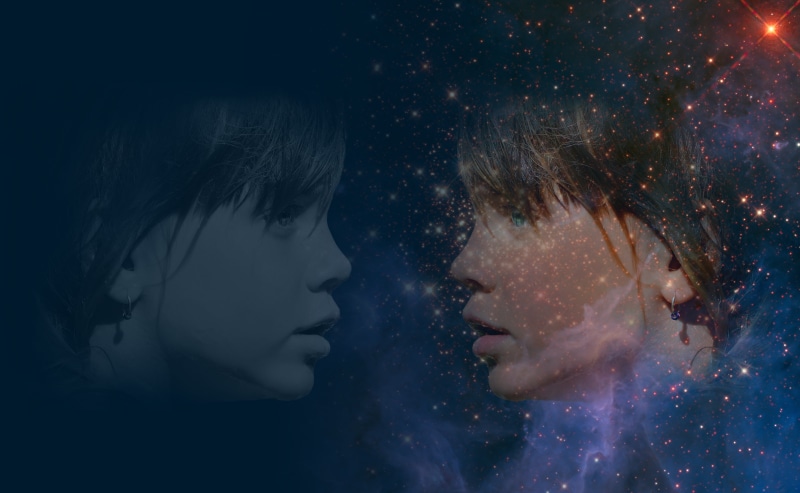  watching, world universe, spirit space, galaxy, world, profile view, window, character, contemplation, constellation, all, face, color nuances