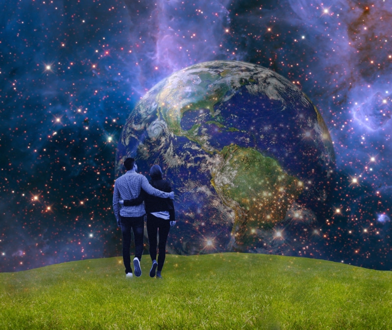 rear view, galaxy, grasses, globe, lighting, digital composite, spirit space, laughing people, night sky, outdoors, standing, blade of grass, earth, gaia