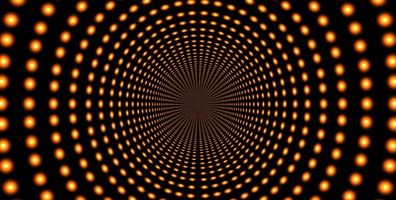full frame, repetition, pattern, geometric shape, 5K, illuminated, indoors, lights, orange, close-up, infinity, rotation, technology, spotted, metal, backgrounds