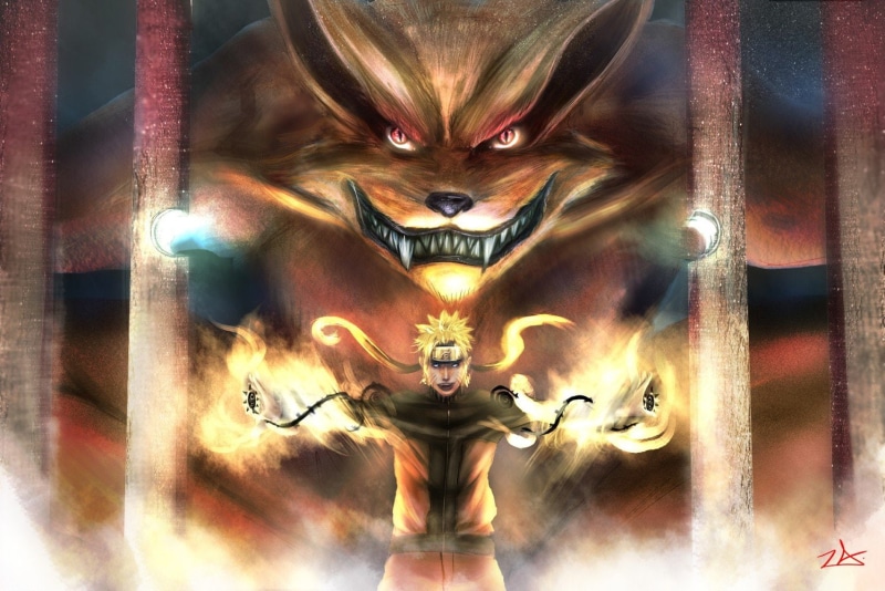 bijuu, red, fire, cage, teeth, mode, chakra, eyes, uzumaki, 720P, demons, kyuubi, shippuden, manga, naruto, lights