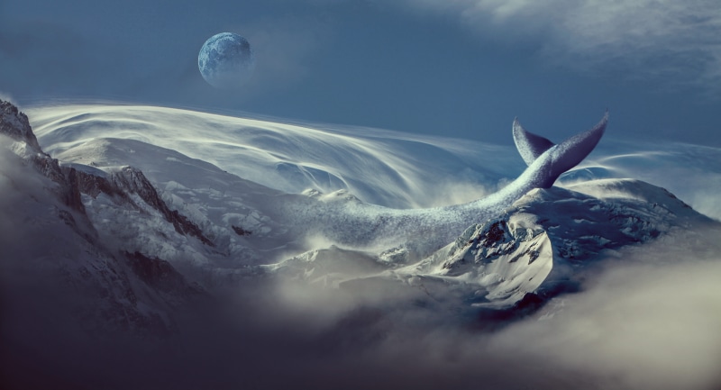 gigantic, mountain, whale, digital, mountains, moon, snow, ice, animal, cold temperature, beautiful, landscape, panoramic, nature, tail, far, sea, fantastic