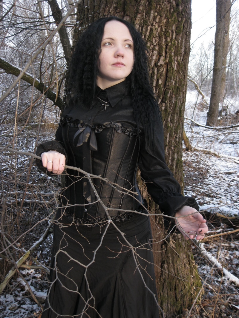 people, 2K, front view, outdoors, women, near, standing, long dress, real people, dream, tree, expressive, gothic, portrait, goth, victorian, contemplation