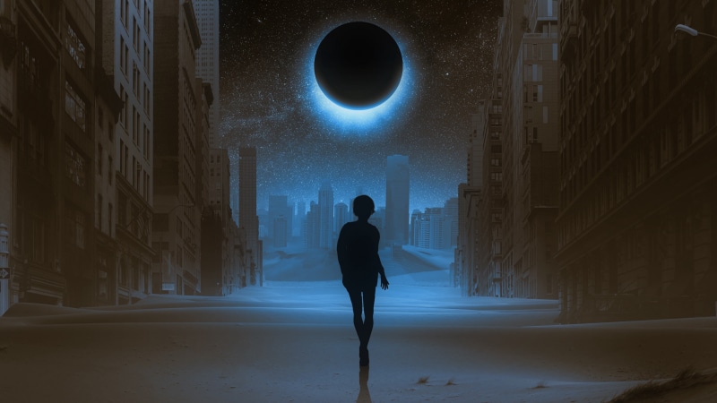 lunar eclipse, street, fantasy art, midnight, alien, apocalypse, shadow, silhouette, night, girl, darkness, 4K, moonlight