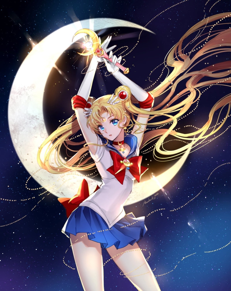 anime girls, Sailor Moon, 720P, arms up, blue eyes, Usagi Tsukino, Half Moon, starred sky, anime, blonde, long hair