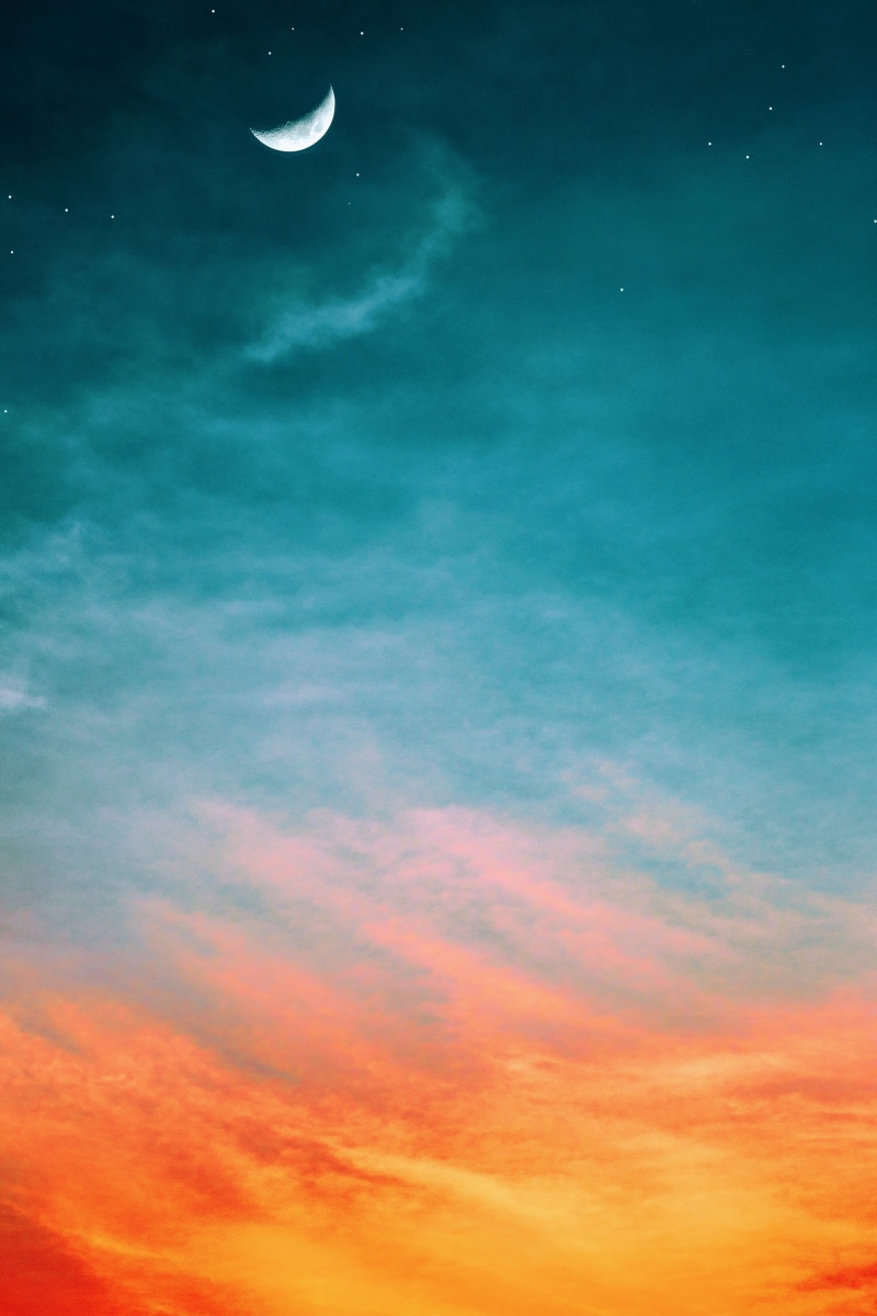 tranquility, stars, moonlight, sky, tranquil scene, scenics - nature, 4K, crescent, no people, clouds, space, moon, astronomy, low angle view, blue, night