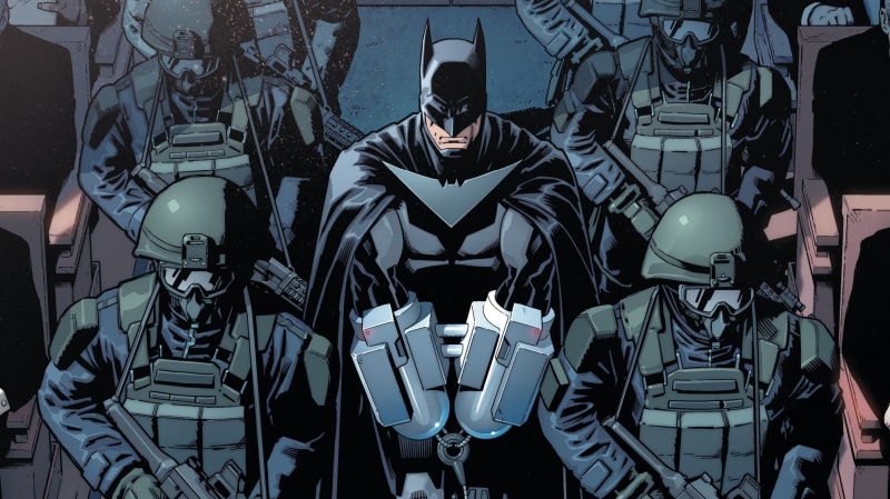 superheroe, comics, costume, Batman, soldiers, weapons, artwork, DC Comics, handcuffs, rifles, cape, Injustice Gods among us, prisoner, DC Universe, fantasy