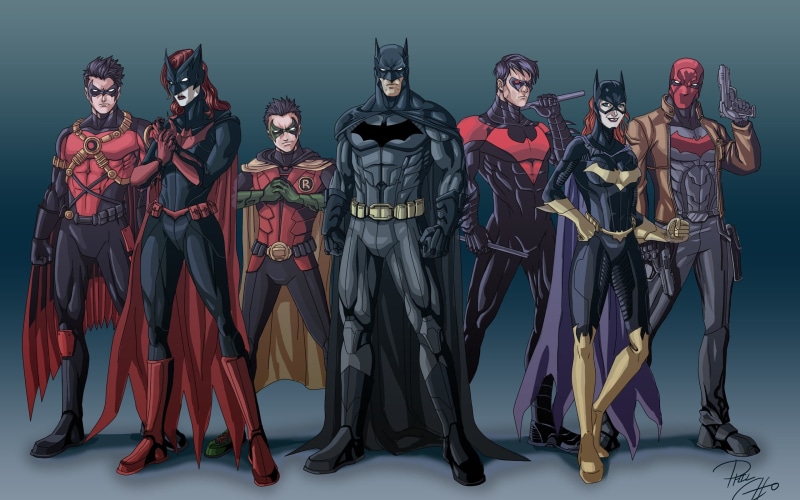 Batman, full length, Batwoman, young men, women, comics, Red Hood, standing, in a row, young adult, men, black color, front view, cooperation