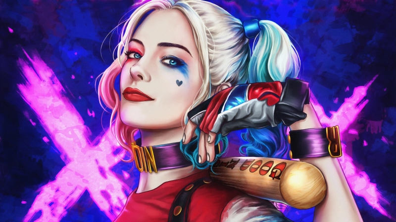 Baseball Bat, Harley Quinn, Blonde, Blue Eyes, DC Comics, Comics, 4K, Face, Lipstick