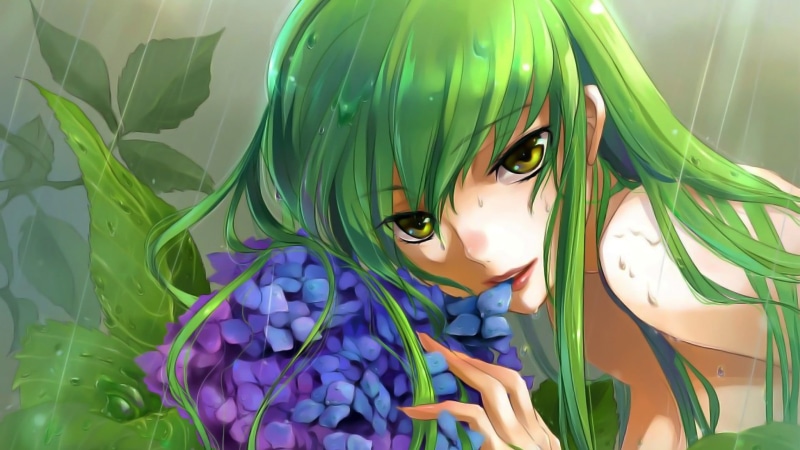 young women, looking at camera, ivy, C.C., poison, Code Geass, lifestyles, anime, plant, green color, nature, purple, art and craft, one person, hairstyle