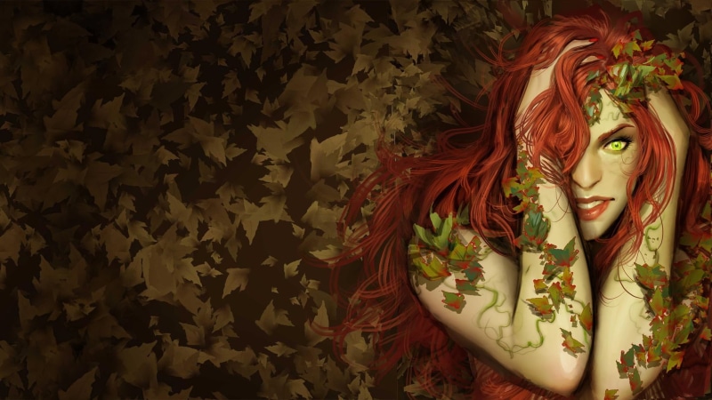 1080P, autumn, Poison Ivy, green-eyed, girl, leaves, superzlodei, by nebezial, DC Comics, comic, Pamela Lillian Isley, red